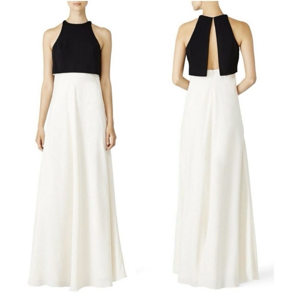 Jill Stuart Black Ivory Popover Color Block Halter Maxi Dress Gown SZ 2